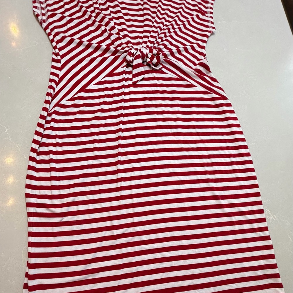 Liz Claiborne Red and White Striped Tee Dress, Tie Waist, Large